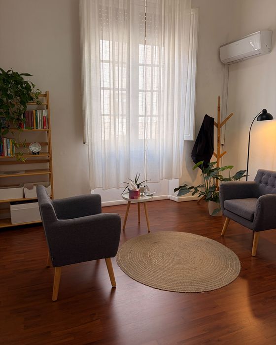 La stanza dello studio: due poltrone grigie una di fronte all'altra, un tappeto rotondo e una grande finestra con tende di lino